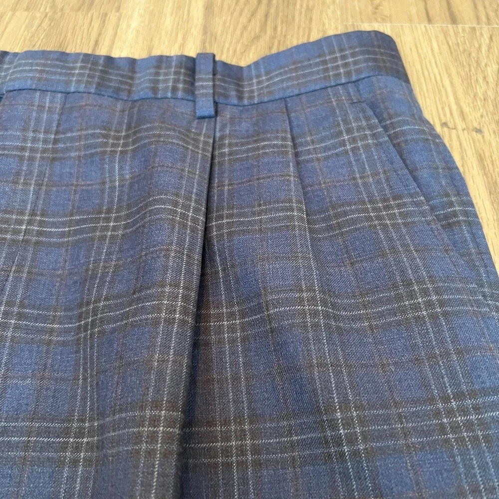 Jos. A. Bank 42L 100% Wool Navy Glen Plaid Suit Double Pleated Cuffed Pants